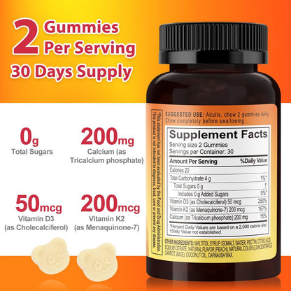 Biobor Vitamin D3 K2 Gummies mit Calcium, 2000 IE D3 & 200 µg K2 (MK-7) & 200 mg Calcium, ohne Zuckerzusatz, unterstützt gesunde Knochen & Immunsystem, glutenfrei, GMO-frei, gelber Pfirsich, 60 Stück