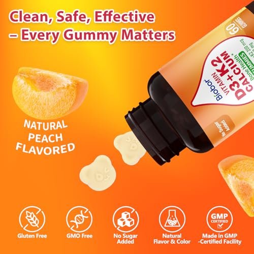 Biobor Vitamin D3 K2 Gummies mit Calcium, 2000 IE D3 & 200 µg K2 (MK-7) & 200 mg Calcium, ohne Zuckerzusatz, unterstützt gesunde Knochen & Immunsystem, glutenfrei, GMO-frei, gelber Pfirsich, 60 Stück