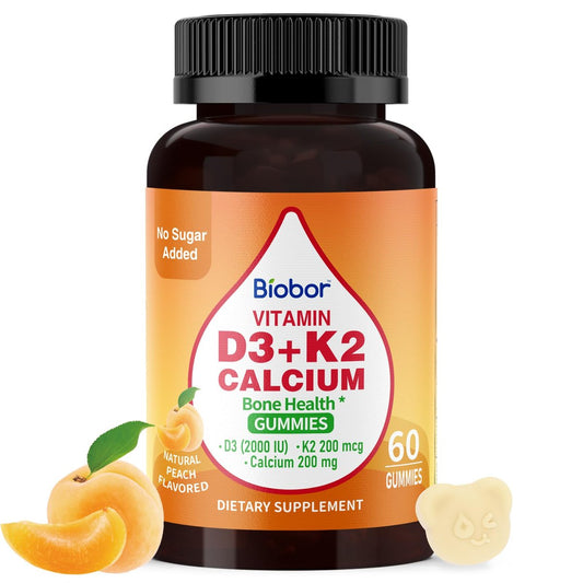 Biobor Vitamin D3 K2 Gummies mit Calcium, 2000 IE D3 & 200 µg K2 (MK-7) & 200 mg Calcium, ohne Zuckerzusatz, unterstützt gesunde Knochen & Immunsystem, glutenfrei, GMO-frei, gelber Pfirsich, 60 Stück