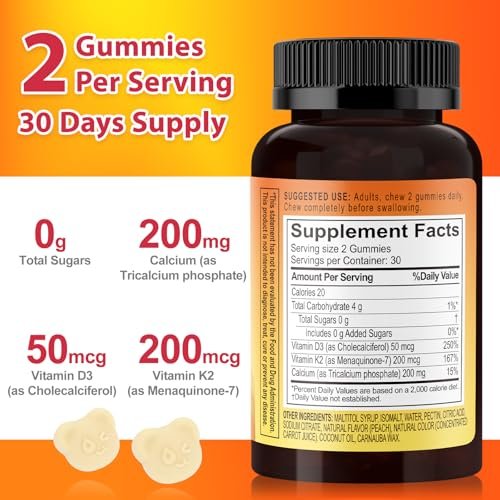 Biobor Vitamin D3 K2 Gummies mit Calcium, 2000 IE D3 & 200 µg K2 (MK-7) & 200 mg Calcium, ohne Zuckerzusatz, unterstützt gesunde Knochen & Immunsystem, glutenfrei, GMO-frei, gelber Pfirsich, 60 Stück