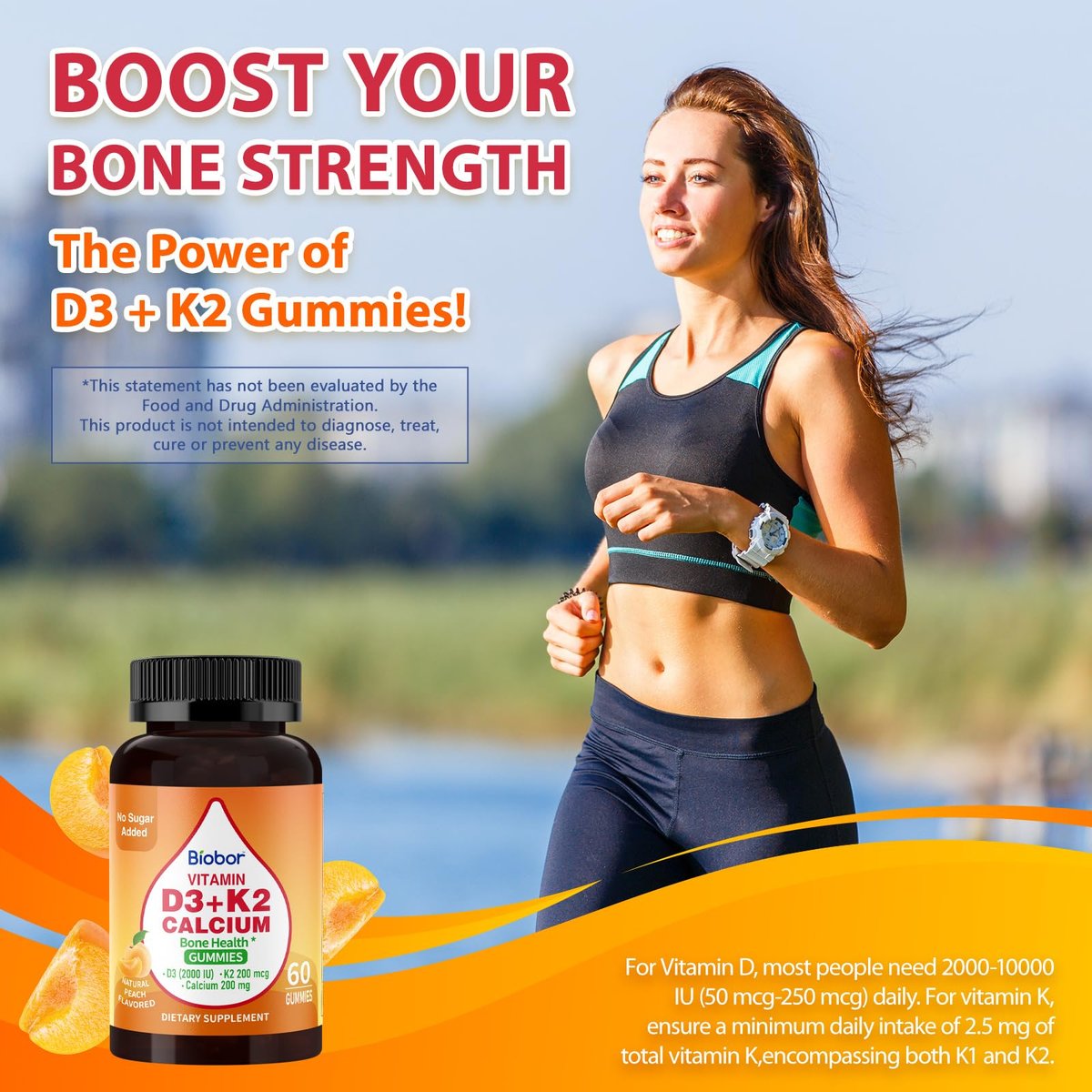 Biobor Vitamin D3 K2 Gummies mit Calcium, 2000 IE D3 & 200 µg K2 (MK-7) & 200 mg Calcium, ohne Zuckerzusatz, unterstützt gesunde Knochen & Immunsystem, glutenfrei, GMO-frei, gelber Pfirsich, 60 Stück