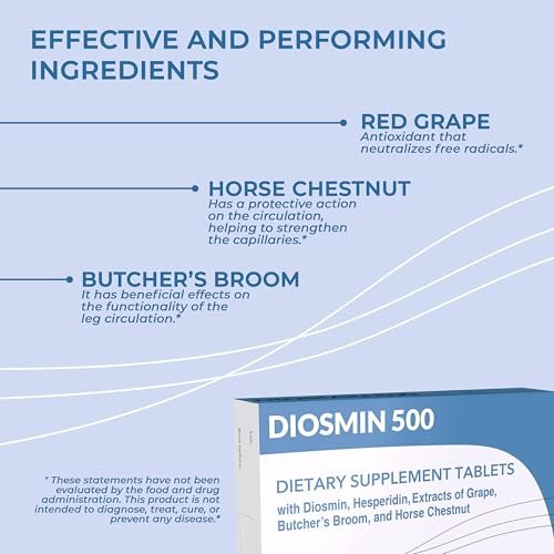 Dulac Diosmin 500 – Mikronisiertes Diosmin-Hesperidin Nahrungsergänzungsmittel mit 1000 mg pro Portion, Rosskastanienextrakt, Mäusedorn & Rotem Traubenextrakt – Unterstützung der Beinvenen, 40 Tabletten, Hergestellt in Italien