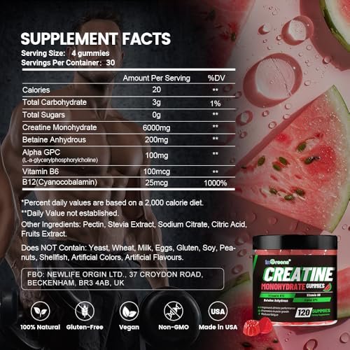 inGreens Creatine Monohydrate Gummis 6g für Männer & Frauen – Zuckerfreie Kreatin-Kaulösungen mit Betain, Alpha GPC, Vitamin B6 & B12, natürlicher Beerengeschmack, glutenfrei, 120 Stück