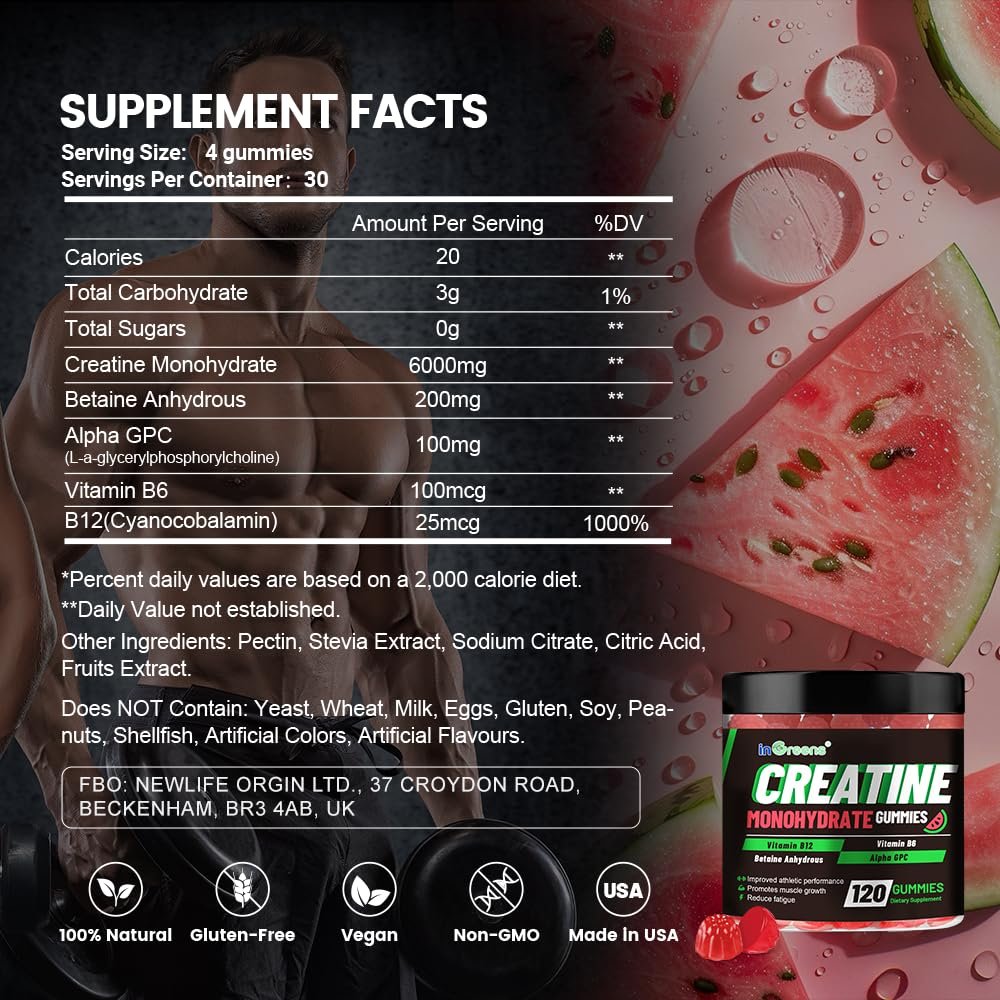 inGreens Creatine Monohydrate Gummis 6g für Männer & Frauen – Zuckerfreie Kreatin-Kaulösungen mit Betain, Alpha GPC, Vitamin B6 & B12, natürlicher Beerengeschmack, glutenfrei, 120 Stück
