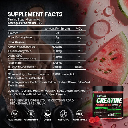 inGreens Creatine Monohydrate Gummis 6g für Männer & Frauen – Zuckerfreie Kreatin-Kaulösungen mit Betain, Alpha GPC, Vitamin B6 & B12, natürlicher Beerengeschmack, glutenfrei, 120 Stück