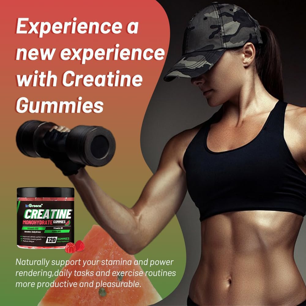 inGreens Creatine Monohydrate Gummis 6g für Männer & Frauen – Zuckerfreie Kreatin-Kaulösungen mit Betain, Alpha GPC, Vitamin B6 & B12, natürlicher Beerengeschmack, glutenfrei, 120 Stück