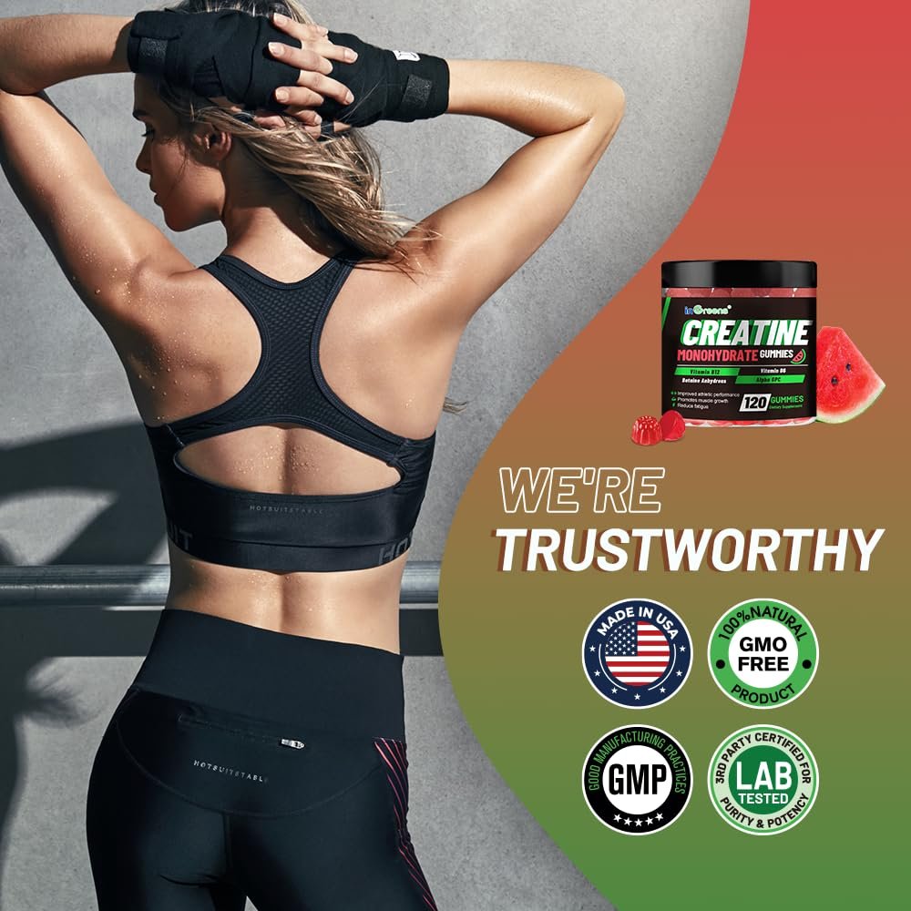 inGreens Creatine Monohydrate Gummis 6g für Männer & Frauen – Zuckerfreie Kreatin-Kaulösungen mit Betain, Alpha GPC, Vitamin B6 & B12, natürlicher Beerengeschmack, glutenfrei, 120 Stück