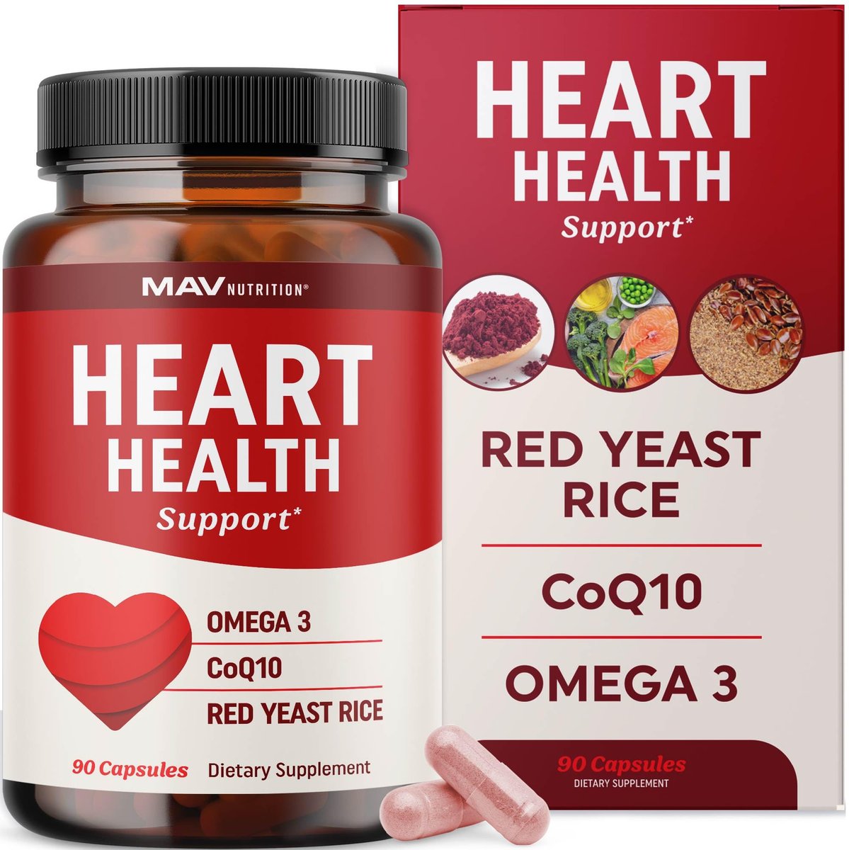 Roter Reis mit CoQ10 + Omega 3 für gesunden Cholesterinspiegel | 1200 mg | Herzgesundheit | Nicht-GVO, glutenfrei | 90 Kapseln