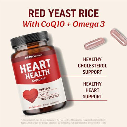Roter Reis mit CoQ10 + Omega 3 für gesunden Cholesterinspiegel | 1200 mg | Herzgesundheit | Nicht-GVO, glutenfrei | 90 Kapseln