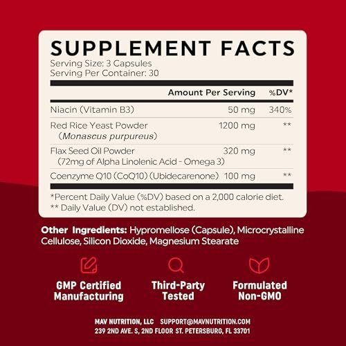 Roter Reis mit CoQ10 + Omega 3 für gesunden Cholesterinspiegel | 1200 mg | Herzgesundheit | Nicht-GVO, glutenfrei | 90 Kapseln