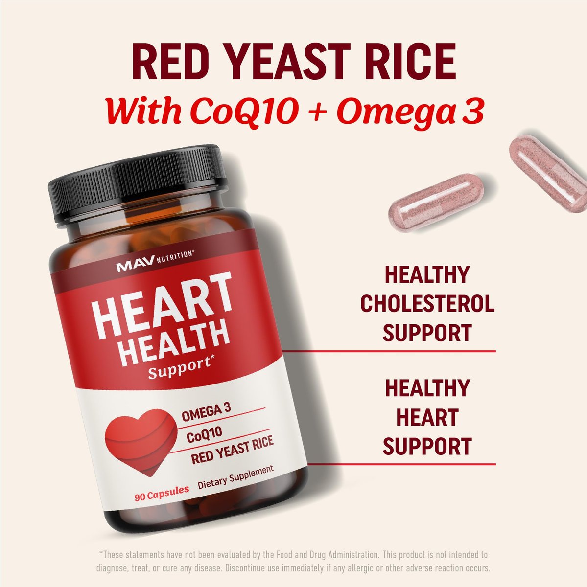 Roter Reis mit CoQ10 + Omega 3 für gesunden Cholesterinspiegel | 1200 mg | Herzgesundheit | Nicht-GVO, glutenfrei | 90 Kapseln