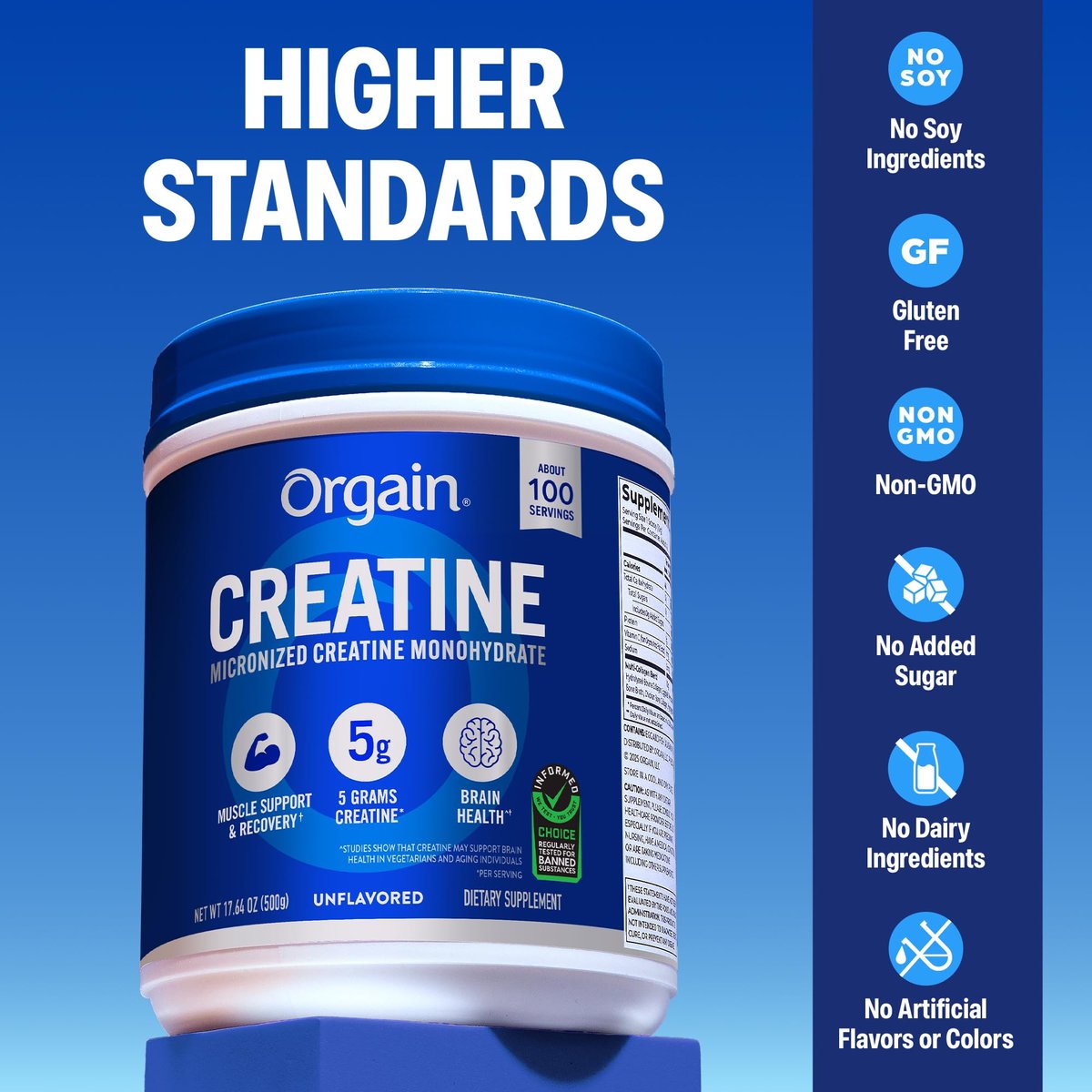 Orgain Kreatin Monohydrat Micronisiertes Pulver, 100 Portionen, Ungesüßt, Unterstützt Muskelwachstum, Erholung nach dem Training und Gehirngesundheit, ohne künstliche Zusätze, für Männer und Frauen (Verpackung kann variieren)
