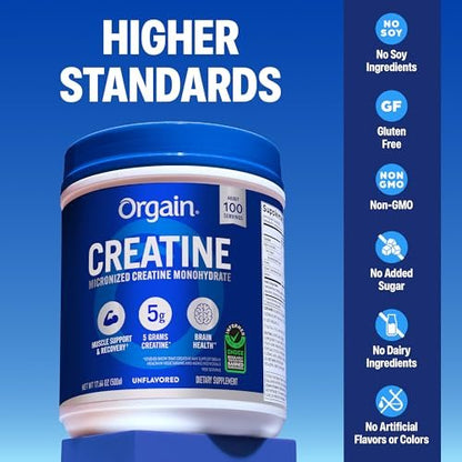 Orgain Kreatin Monohydrat Micronisiertes Pulver, 100 Portionen, Ungesüßt, Unterstützt Muskelwachstum, Erholung nach dem Training und Gehirngesundheit, ohne künstliche Zusätze, für Männer und Frauen (Verpackung kann variieren)