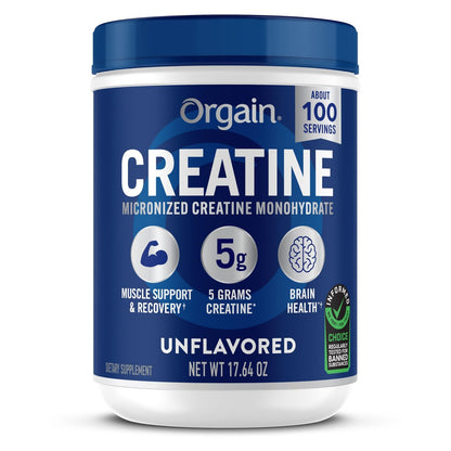 Orgain Kreatin Monohydrat Micronisiertes Pulver, 100 Portionen, Ungesüßt, Unterstützt Muskelwachstum, Erholung nach dem Training und Gehirngesundheit, ohne künstliche Zusätze, für Männer und Frauen (Verpackung kann variieren)