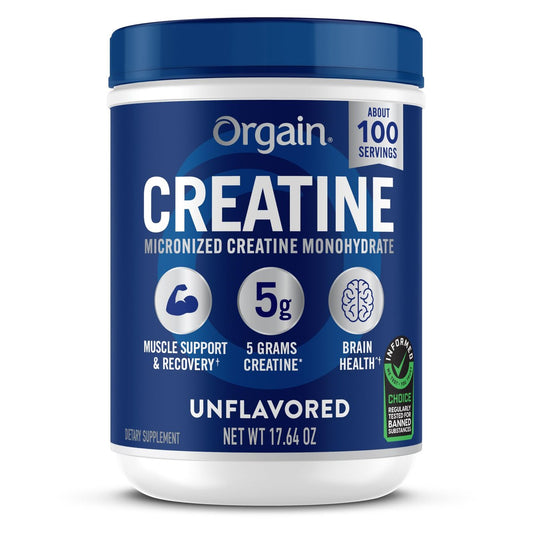 Orgain Kreatin Monohydrat Micronisiertes Pulver, 100 Portionen, Ungesüßt, Unterstützt Muskelwachstum, Erholung nach dem Training und Gehirngesundheit, ohne künstliche Zusätze, für Männer und Frauen (Verpackung kann variieren)
