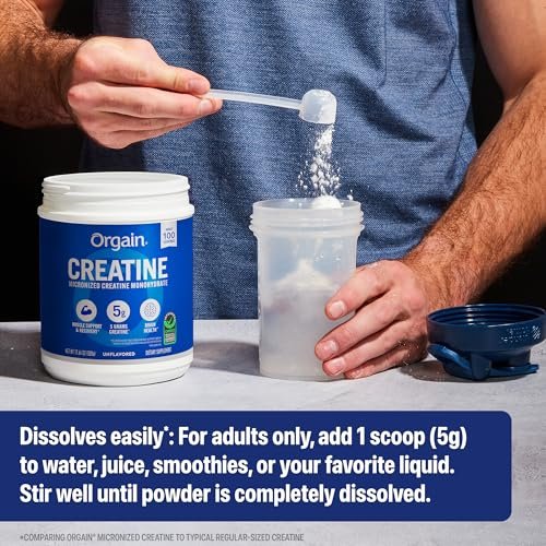 Orgain Kreatin Monohydrat Micronisiertes Pulver, 100 Portionen, Ungesüßt, Unterstützt Muskelwachstum, Erholung nach dem Training und Gehirngesundheit, ohne künstliche Zusätze, für Männer und Frauen (Verpackung kann variieren)