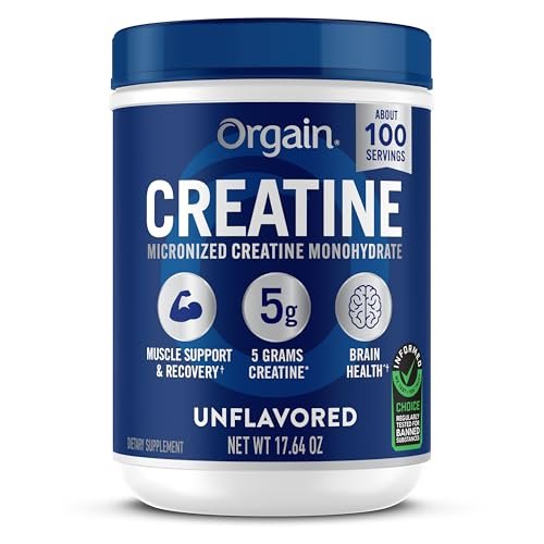 Orgain Kreatin Monohydrat Micronisiertes Pulver, 100 Portionen, Ungesüßt, Unterstützt Muskelwachstum, Erholung nach dem Training und Gehirngesundheit, ohne künstliche Zusätze, für Männer und Frauen (Verpackung kann variieren)