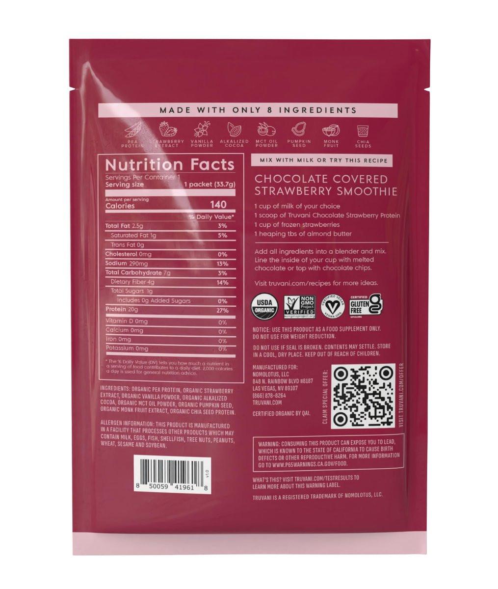 Truvani Veganes Erbsenproteinpulver | Schokolade-Erdbeere | 20g Bio-Pflanzenprotein | 1 Portion | Keto | Gluten- & laktosefrei | Wenig Kohlenhydrate | Ohne Zuckerzusatz