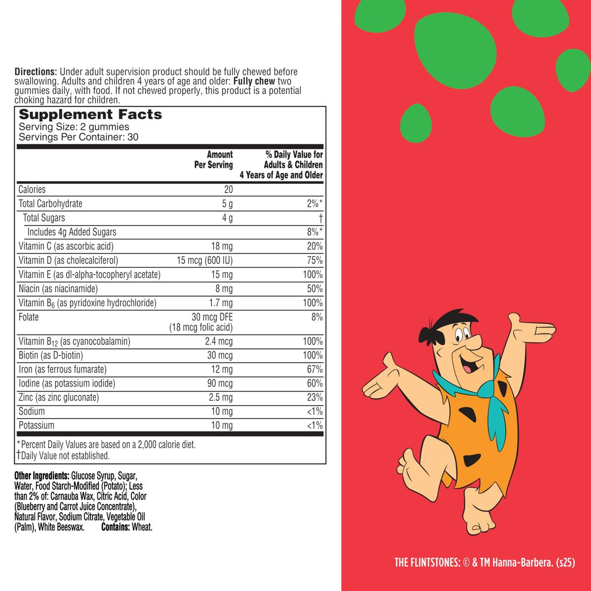 Flintstones Vitamine für wählerische Kinder + Eisen – Multivitamin Gummis mit Vitamin C, D, E, B6 und Eisen, Traubengeschmack, 60 Gummis