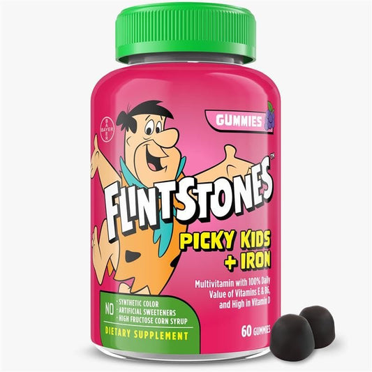 Flintstones Vitamine für wählerische Kinder + Eisen – Multivitamin Gummis mit Vitamin C, D, E, B6 und Eisen, Traubengeschmack, 60 Gummis