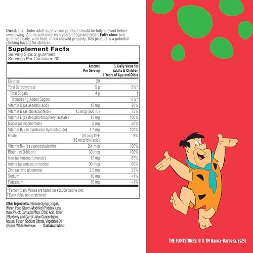 Flintstones Multivitamine für Kinder – Zuckerfreie Multivitamin-Gummis mit Vitamin A, C, E, B6 & B12, Himbeergeschmack, 60 Stück