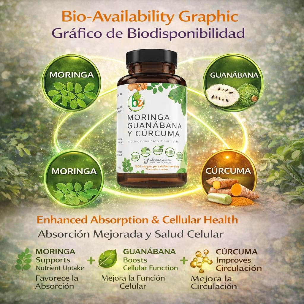 Moringa, Guanabana & Curcuma – 90 Kapseln, 1500 mg pro Portion, kraftvolle Mischung aus 100% natürlichen Premium-Zutaten, biologisch angebaut