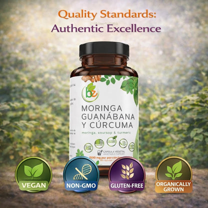 Moringa, Guanabana & Curcuma – 90 Kapseln, 1500 mg pro Portion, kraftvolle Mischung aus 100% natürlichen Premium-Zutaten, biologisch angebaut