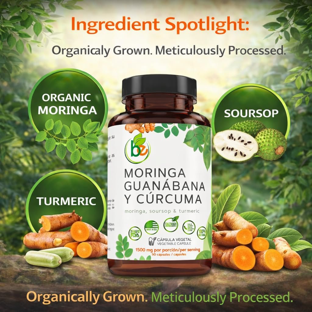 Moringa, Guanabana & Curcuma – 90 Kapseln, 1500 mg pro Portion, kraftvolle Mischung aus 100% natürlichen Premium-Zutaten, biologisch angebaut