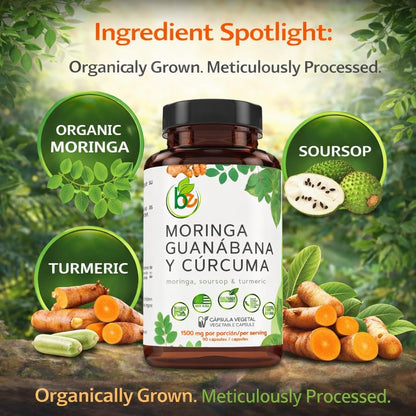 Moringa, Guanabana & Curcuma – 90 Kapseln, 1500 mg pro Portion, kraftvolle Mischung aus 100% natürlichen Premium-Zutaten, biologisch angebaut