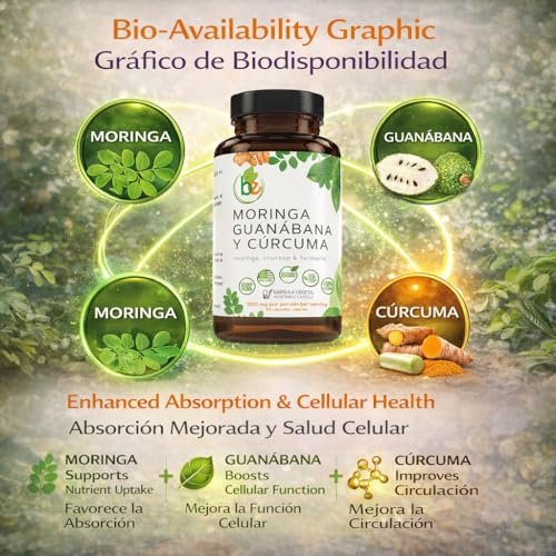 Moringa, Guanabana & Curcuma – 90 Kapseln, 1500 mg pro Portion, kraftvolle Mischung aus 100% natürlichen Premium-Zutaten, biologisch angebaut