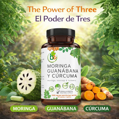 Moringa, Guanabana & Curcuma – 90 Kapseln, 1500 mg pro Portion, kraftvolle Mischung aus 100% natürlichen Premium-Zutaten, biologisch angebaut