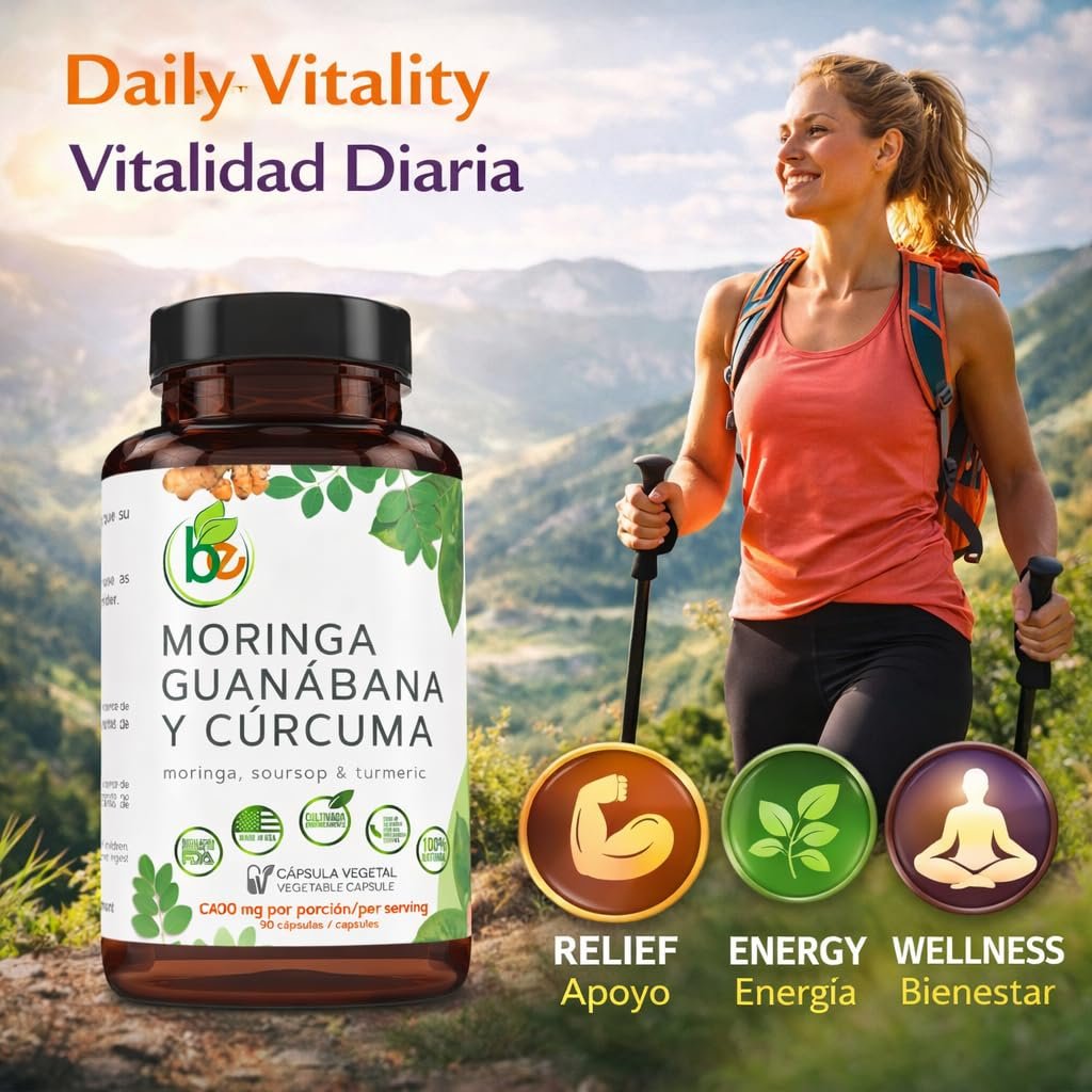 Moringa, Guanabana & Curcuma – 90 Kapseln, 1500 mg pro Portion, kraftvolle Mischung aus 100% natürlichen Premium-Zutaten, biologisch angebaut
