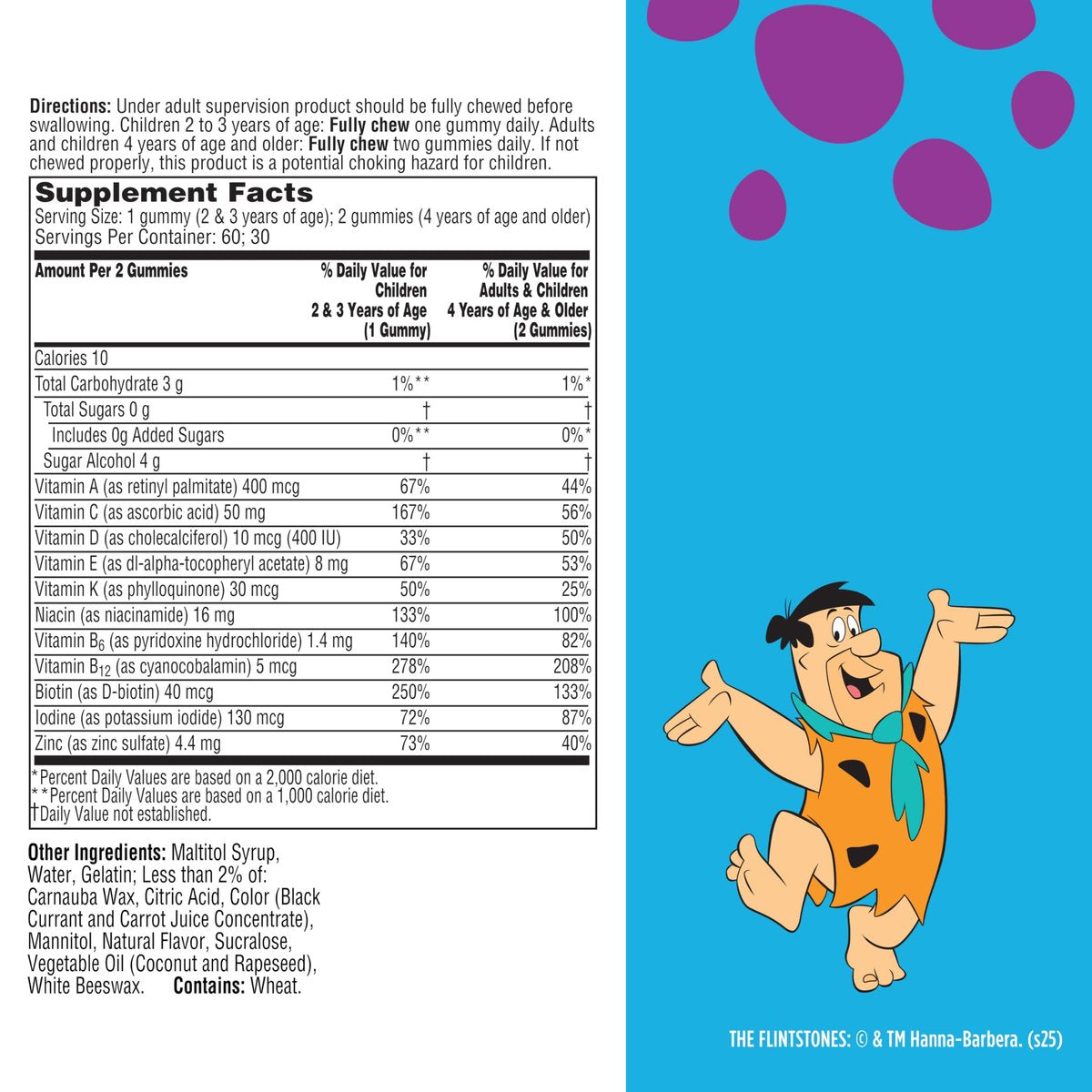 Flintstones Multivitamine für Kinder – Zuckerfreie Multivitamin-Gummis mit Vitamin A, C, E, B6 & B12, Himbeergeschmack, 60 Stück