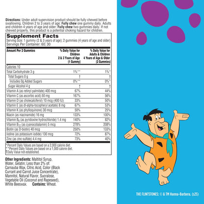 Flintstones Multivitamine für Kinder – Zuckerfreie Multivitamin-Gummis mit Vitamin A, C, E, B6 & B12, Himbeergeschmack, 60 Stück
