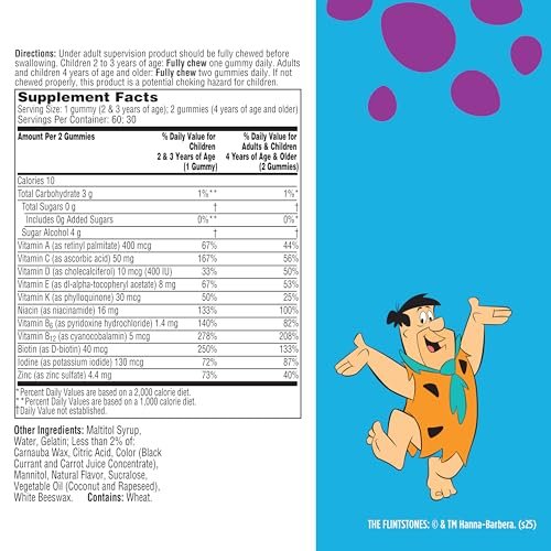 Flintstones Multivitamine für Kinder – Zuckerfreie Multivitamin-Gummis mit Vitamin A, C, E, B6 & B12, Himbeergeschmack, 60 Stück