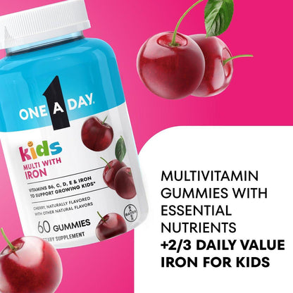 One A Day Kids Multivitamin mit Eisen Gummibärchen – Vitamin D, C, E, Zink für Immununterstützung, Kirschgeschmack, 60 Stück