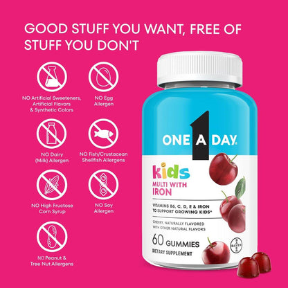 One A Day Kids Multivitamin mit Eisen Gummibärchen – Vitamin D, C, E, Zink für Immununterstützung, Kirschgeschmack, 60 Stück