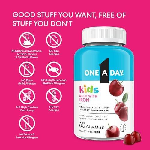 One A Day Kids Multivitamin mit Eisen Gummibärchen – Vitamin D, C, E, Zink für Immununterstützung, Kirschgeschmack, 60 Stück