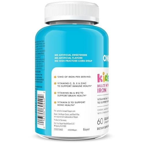 One A Day Kids Multivitamin mit Eisen Gummibärchen – Vitamin D, C, E, Zink für Immununterstützung, Kirschgeschmack, 60 Stück