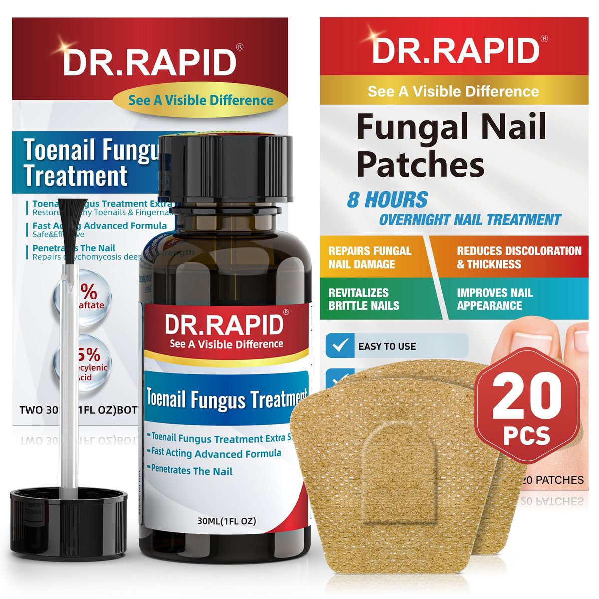 DR.RAPID Nagelpilz Behandlung Extra Stärke - 30mL Flüssigkeit & 20 Pilz-Nagelpflaster, Nagelreparatur für beschädigte Nägel, Fußpilz - Nagelpflege-Set
