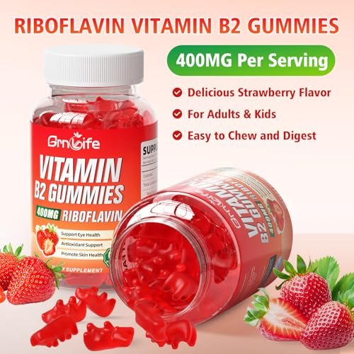 GrnLife Vitamin B2 Gummis – Riboflavin 400mg mit Magnesium für Kinder & Erwachsene, B2 Gummis zur Migräne-Linderung & Energieunterstützung, Erdbeergeschmack, 60 Stück