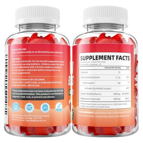 GrnLife Vitamin B2 Gummis – Riboflavin 400mg mit Magnesium für Kinder & Erwachsene, B2 Gummis zur Migräne-Linderung & Energieunterstützung, Erdbeergeschmack, 60 Stück