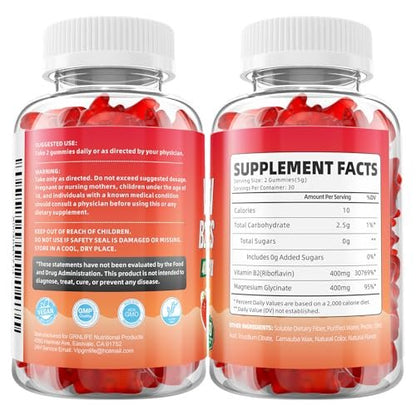 GrnLife Vitamin B2 Gummis – Riboflavin 400mg mit Magnesium für Kinder & Erwachsene, B2 Gummis zur Migräne-Linderung & Energieunterstützung, Erdbeergeschmack, 60 Stück