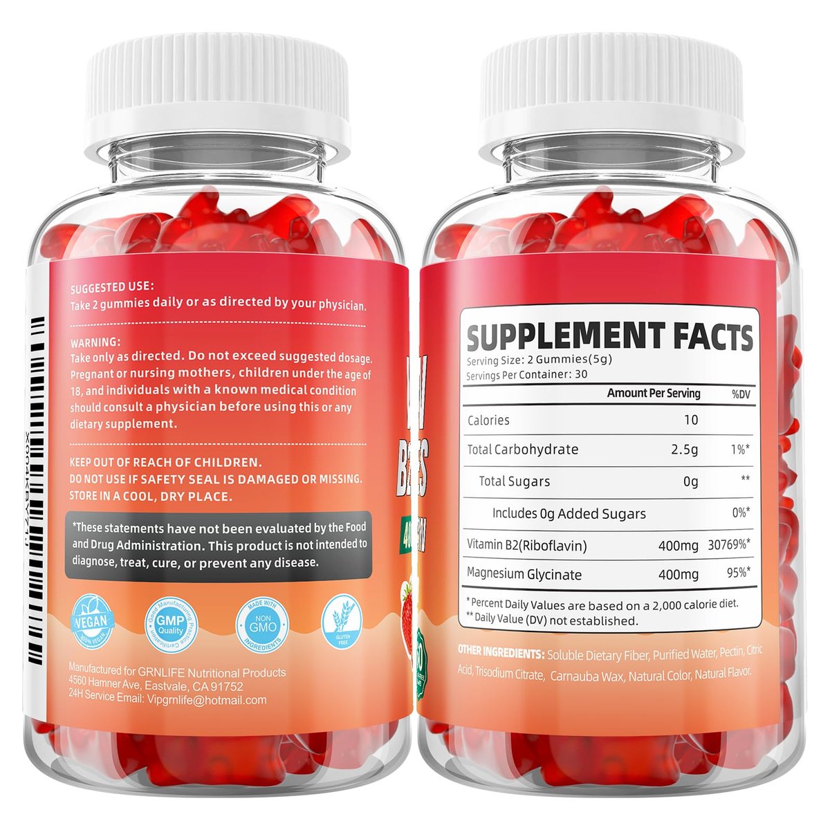 GrnLife Vitamin B2 Gummis – Riboflavin 400mg mit Magnesium für Kinder & Erwachsene, B2 Gummis zur Migräne-Linderung & Energieunterstützung, Erdbeergeschmack, 60 Stück