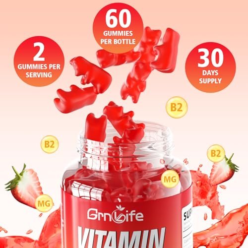 GrnLife Vitamin B2 Gummis – Riboflavin 400mg mit Magnesium für Kinder & Erwachsene, B2 Gummis zur Migräne-Linderung & Energieunterstützung, Erdbeergeschmack, 60 Stück