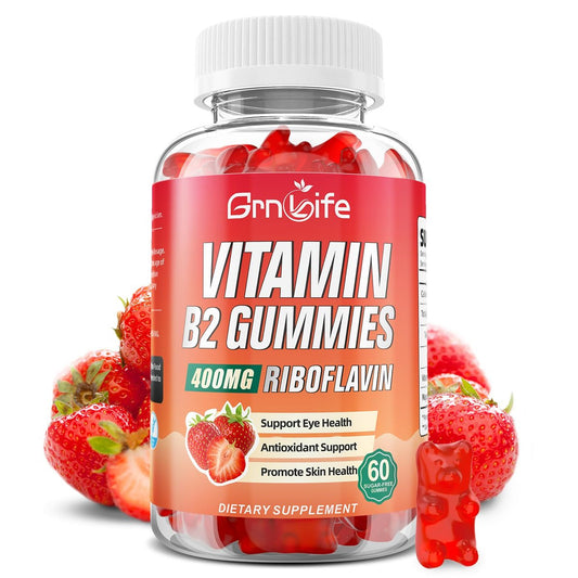 GrnLife Vitamin B2 Gummis – Riboflavin 400mg mit Magnesium für Kinder & Erwachsene, B2 Gummis zur Migräne-Linderung & Energieunterstützung, Erdbeergeschmack, 60 Stück