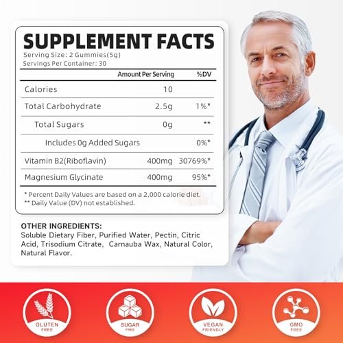 GrnLife Vitamin B2 Gummis – Riboflavin 400mg mit Magnesium für Kinder & Erwachsene, B2 Gummis zur Migräne-Linderung & Energieunterstützung, Erdbeergeschmack, 60 Stück