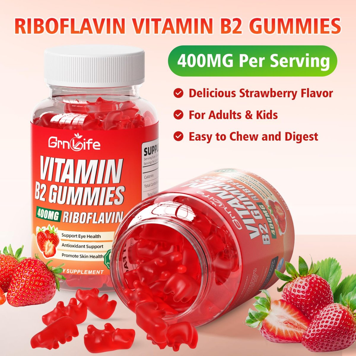GrnLife Vitamin B2 Gummis – Riboflavin 400mg mit Magnesium für Kinder & Erwachsene, B2 Gummis zur Migräne-Linderung & Energieunterstützung, Erdbeergeschmack, 60 Stück