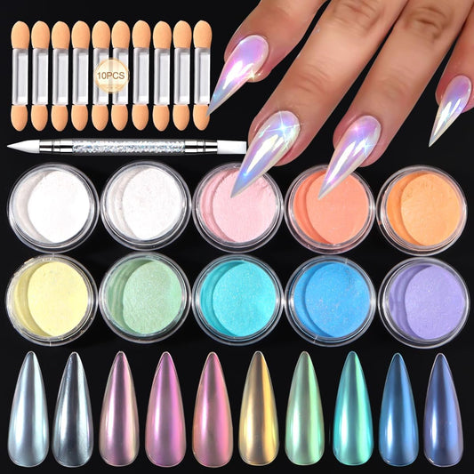 SUTOZMIWE 10 Farben Mermaid Pearl Chrome Nagelpuder, Iridescent Aurora Puder Metallic Mirror Effekt Pigment Perlglanz Nagelkunst Glitzerstaub Set für Gel-Nagellack Nagelkunst Dekoration