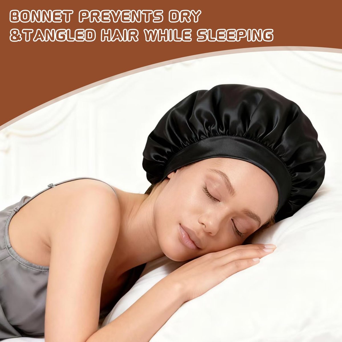 2 Stück Satin Hauben für die Nacht, Seidige Schlafhaube mit weichem elastischem Band, Haarschutz für Frauen (Gold Schwarz)